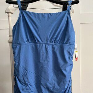 BNWT Jantzen Ruched Spaghetti Strap One-Piece Swimdress (14) IN DENIM DUNGAREE